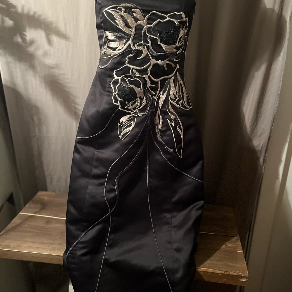 White House Black Market black strapless satin gold embroidered w black beading